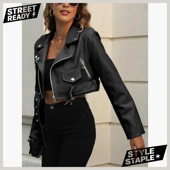 Cropped Faux Leather Jacket Bomber Zip Up Moto Coat with Pockets - Picture 4 of 6